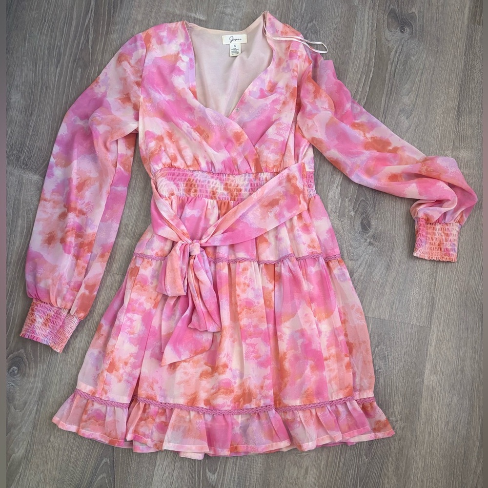 Jessica Simpson Pink & Peach Watercolor Wrap Dress with Tie Waist